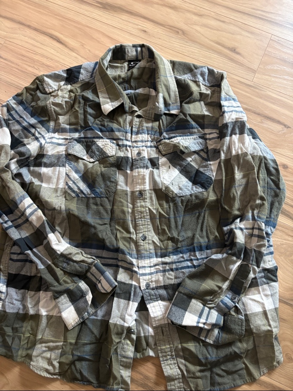 Oakley Olive Green Plaid Shirt with Navy and Cream Accents